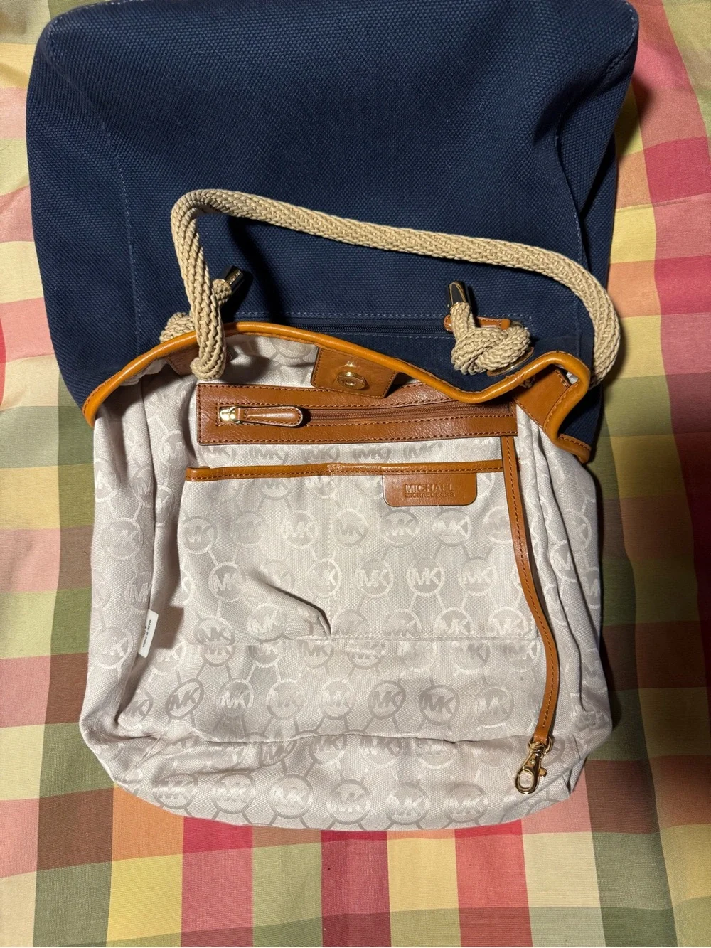 Michael Kors Navy Canvas Shoulder Bag with Tan Trim and Cream Rope Handles